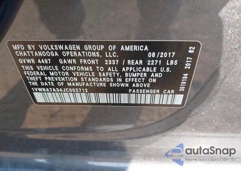 2018 Volkswagen Passat 2.0T Se z USA, uszkodzony, nr VIN 1VWBA7A34JC002712